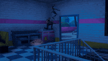 a video game is being played in a room with a sign that says lytl