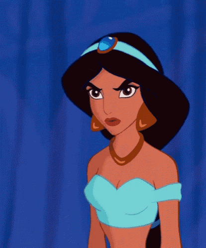 jasmine from disney 's aladdin is wearing a blue top and a necklace .