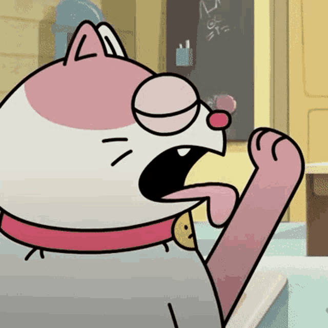 a cartoon cat with glasses and a pink collar yawning