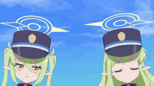 two anime girls with green hair wearing police hats with a circle on their heads