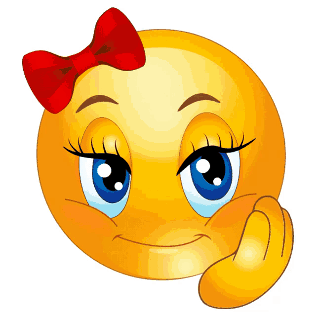 a female smiley face with a red bow on her head