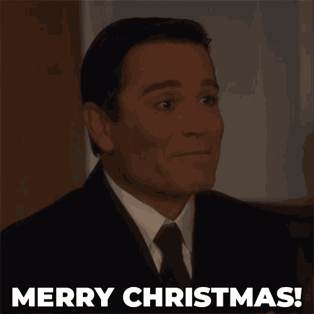 a man in a suit and tie is smiling with the words merry christmas below him