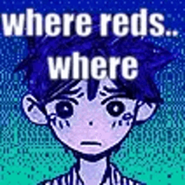 a pixel art of a boy with purple hair and the words `` where reds ... where '' written on it .