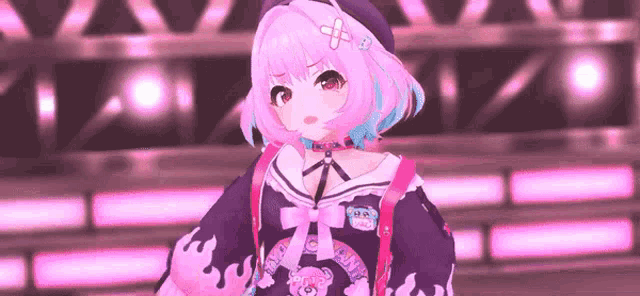 a pink and purple anime girl is standing in front of a pink background .