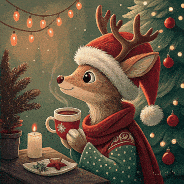 an illustration of a reindeer wearing a santa hat and scarf holding a cup of coffee