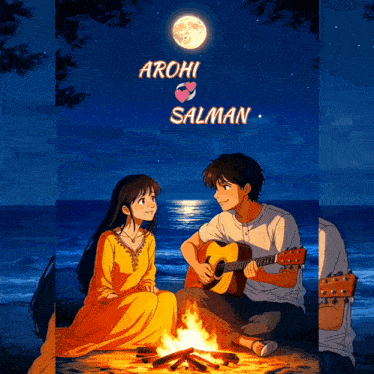 a cartoon of a man playing a guitar and a woman sitting by a fire