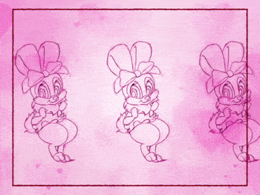 a drawing of three bunny rabbits on a pink background with hearts