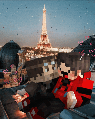 two minecraft characters kissing in front of the eiffel tower in paris