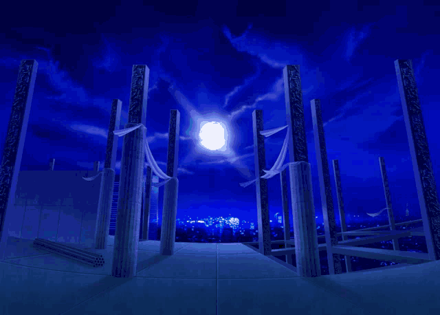 a blue sky with a full moon behind a row of pillars