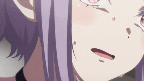 a close up of a girl 's face with purple hair and pink eyes