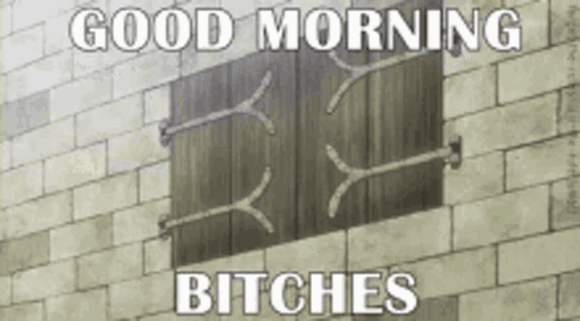 a brick wall with a wooden window and the words `` good morning bitches '' on it .