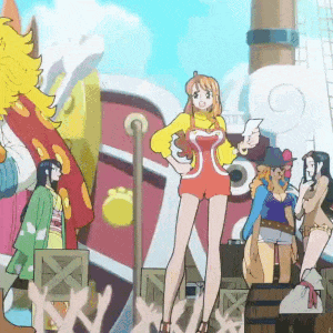 a group of cartoon characters are standing in front of a large ship