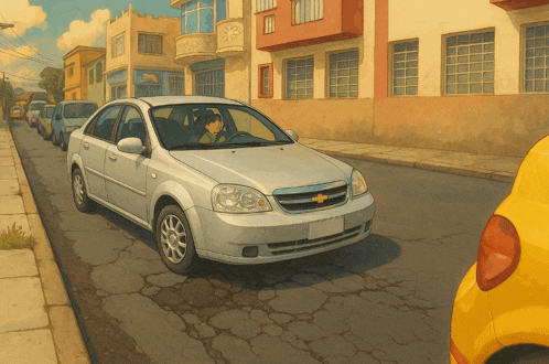 a chevrolet car is driving down a street