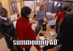 a group of people are holding hands in a circle with the words summoning ao written on the bottom