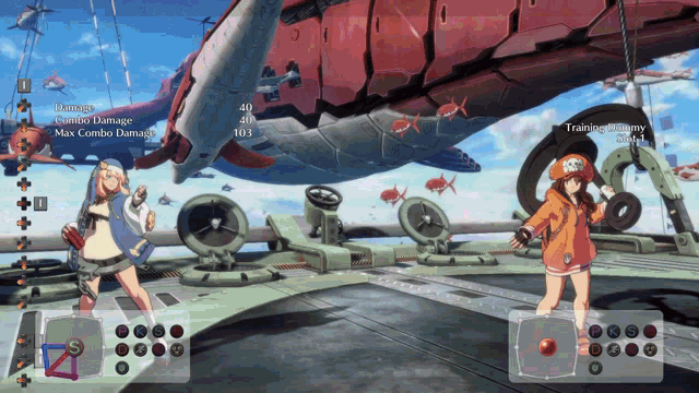 a screenshot of a video game shows two girls fighting each other with a large ship in the background