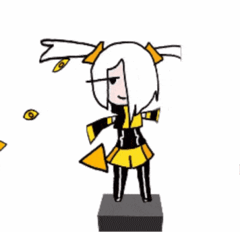 a drawing of a girl in a yellow and black outfit standing next to a yellow triangle