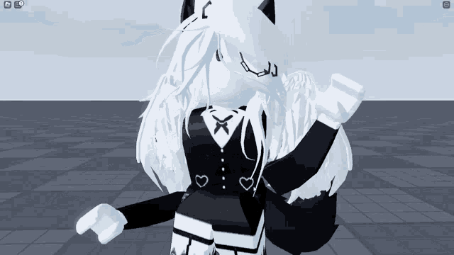 a 3d model of a girl with white hair and a black and white outfit