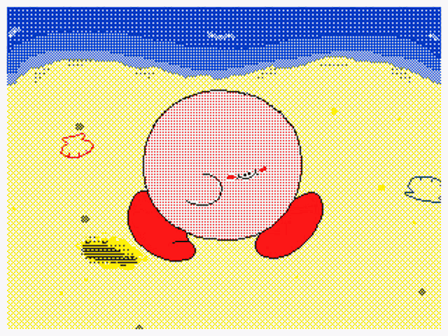 a pixel art of kirby on a beach with a blue background