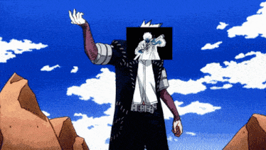 a cartoon of a man standing in front of a blue sky with a picture of a person on his head