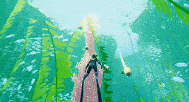a person is walking through a lush green forest