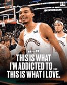 a man in a basketball uniform is holding a basketball and says this is what i 'm addicted to