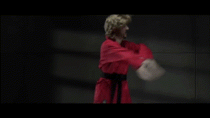 a man in a red karate uniform with a black belt is doing a kick