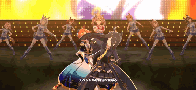 a group of anime characters are dancing on a stage and one of them has the word special on her sleeve