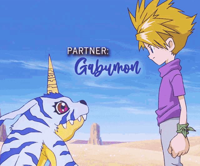 a picture of a boy standing next to a tiger with the words partner gabumon on the bottom