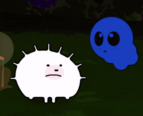 a cartoon of a blue ghost and a white sphere