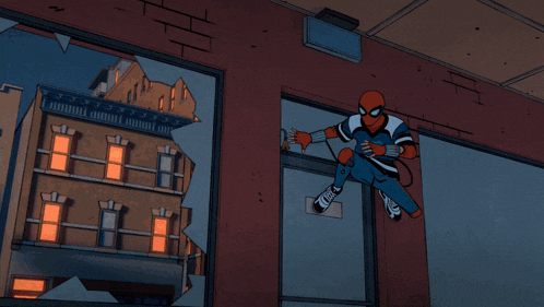 a cartoon drawing of a spiderman shooting a fire beam