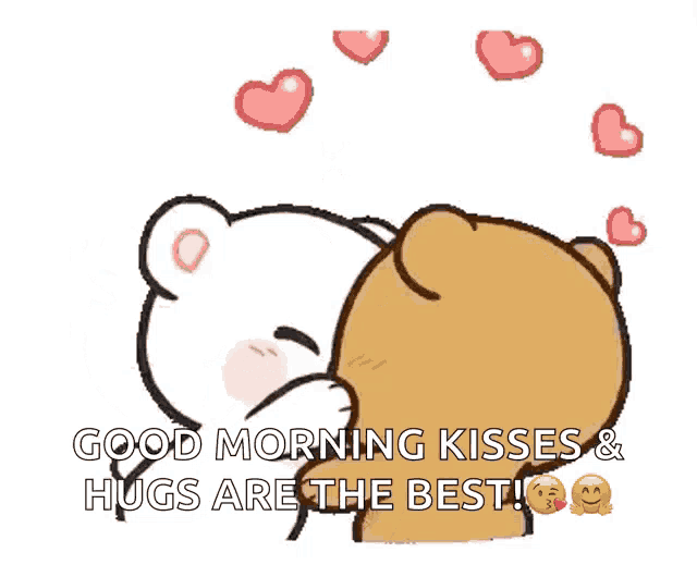 a cartoon of two teddy bears kissing with the words good morning kisses & hugs are the best