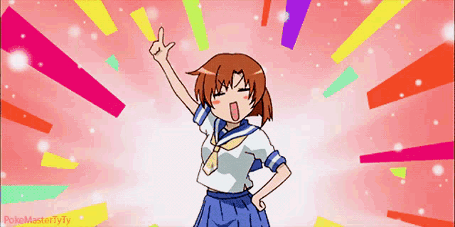 a cartoon of a girl giving a peace sign with the words pokemastertyty below her