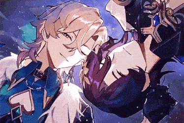 a couple of anime characters laying on top of each other with one holding a sword