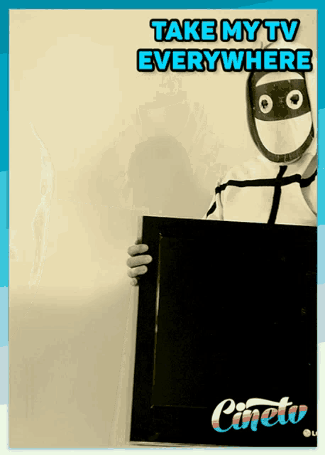 a poster that says take my tv everywhere with a person holding a tv