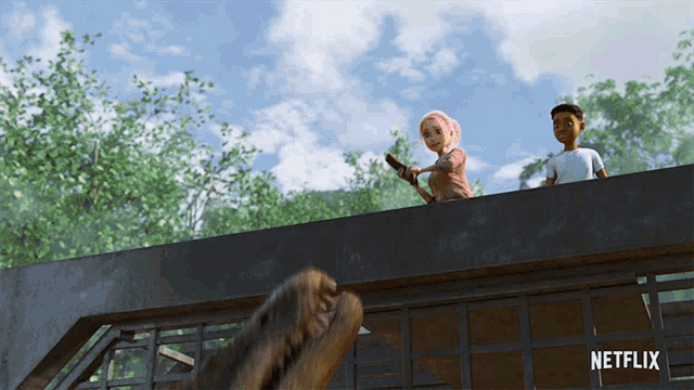 a netflix advertisement shows a girl and a boy standing on a ledge