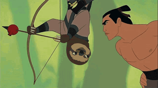 a cartoon of a sloth holding a bow and arrow next to a man without a shirt
