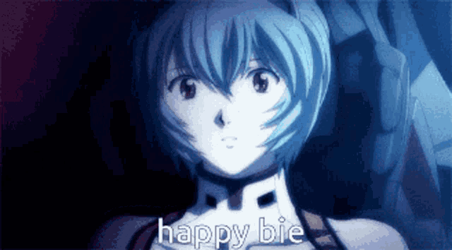 a picture of a girl with blue hair and the words happy bie on the bottom