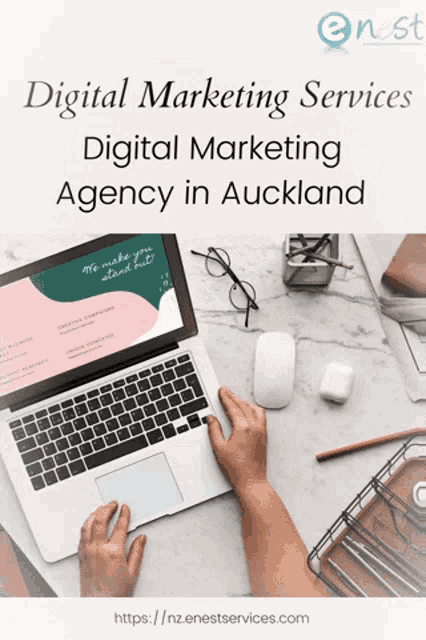 a person is typing on a laptop with the words digital marketing services digital marketing agency in auckland at the top