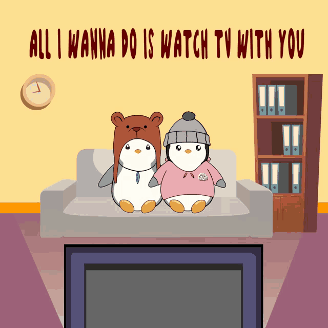 two penguins are sitting on a couch with the words all i wanna do is watch tv with you above them