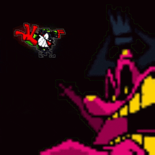 a pixel art drawing of a cartoon character with a huge mouth .