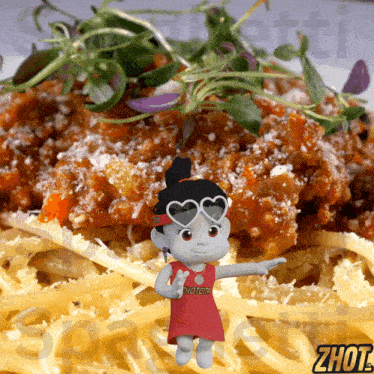 a cartoon character wearing heart shaped sunglasses stands in front of spaghetti