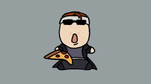 a cartoon character wearing sunglasses is eating a large slice of pizza