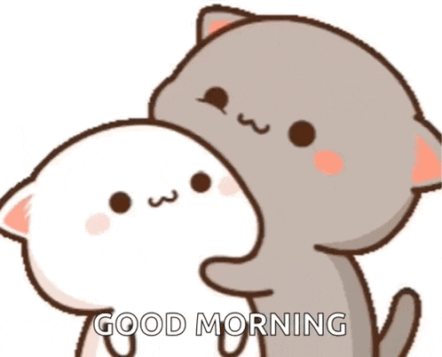 a couple of cartoon cats hugging each other with the words good morning written on the bottom