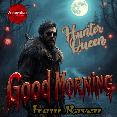 a poster for good morning from raven shows a man with a sword