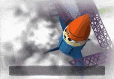 a cartoon character is flying through the air with a purple structure in the background