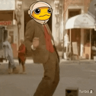 a cartoon character in a suit and helmet is dancing on a city street .