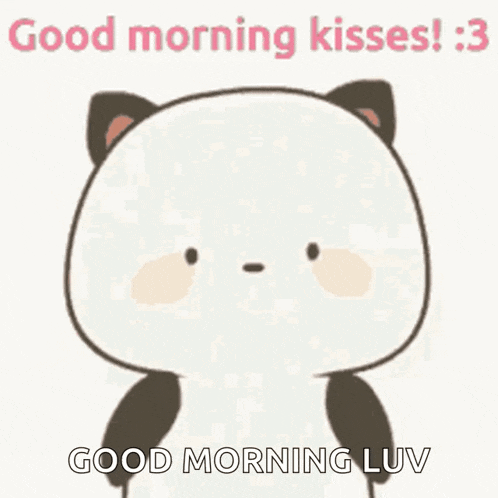 a panda bear with a heart on its head says good morning kisses : 3