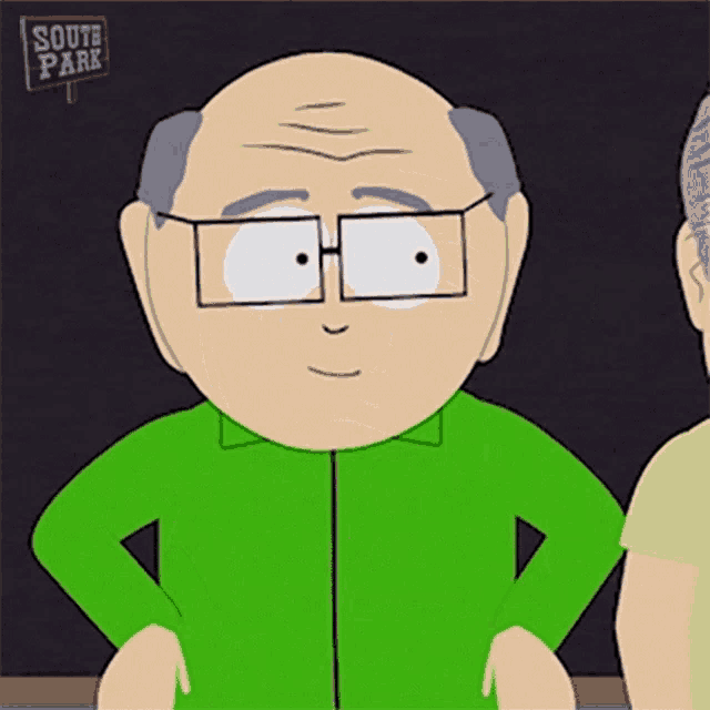 a bald cartoon character from south park wearing glasses and a green jacket