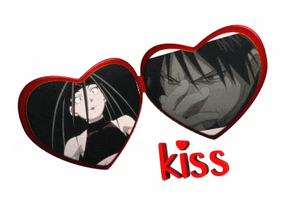 a picture of a man and a woman with the word kiss on the bottom