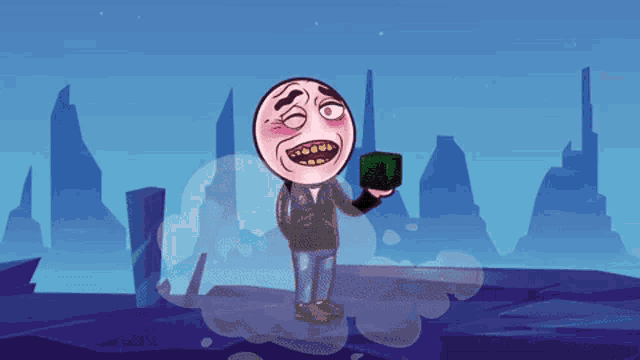 a cartoon of a man holding a green cube with the letter t on it